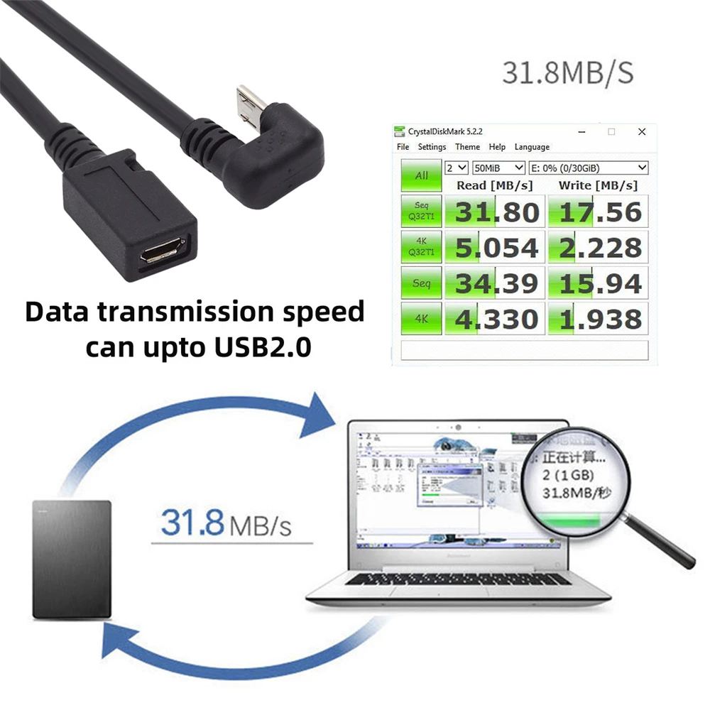 Opposite U Shape Back Angled Type 5Pin Micro USB 2.0 Male to Female Power Data Extension Cable for Phone Laptop