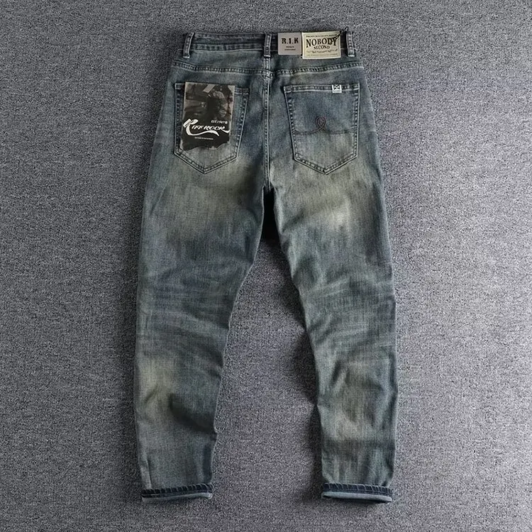 Retro American Waed Blue Jeans Men's Fit Straight Leg Versatile Four Seasons Youth Long Pants ket Patch Casual Denim