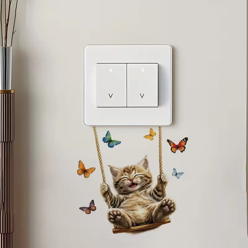 1 cute swinging cat and butterfly light switch sticker - removable self-adhesive wall sticker, easy to clean home decoration