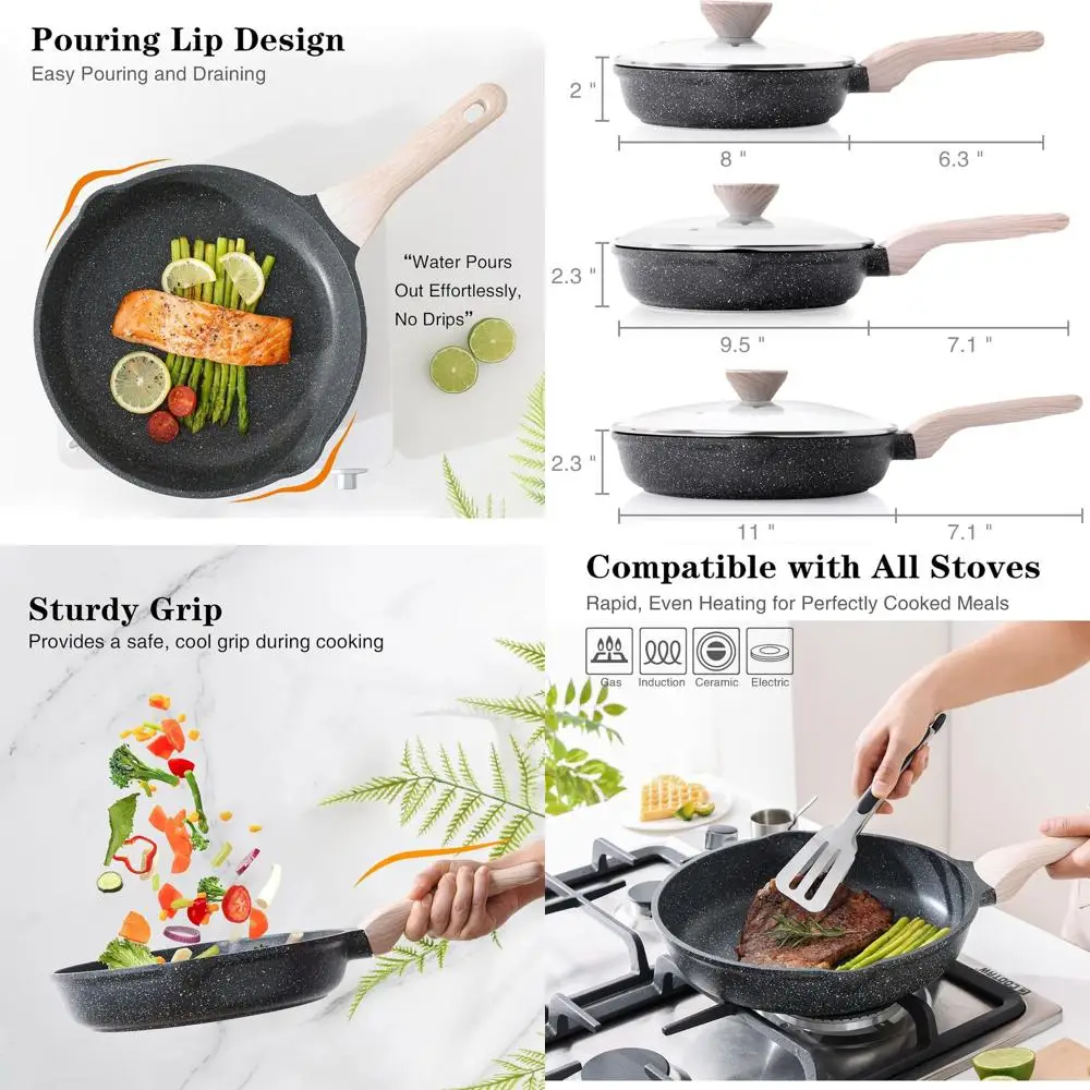 

3-Piece Nonstick Skillet Set with Lids, Healthy Induction Cookware, Cool Handles, Suitable for All Stoves, PFOA-Free (8, 9.5, 11