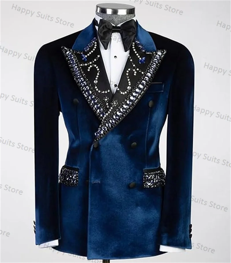 Velvet Crystals Blue Groom Men Suit 2 Piece Blazer+Cotton Pants Formal Office Jacket Coat Wedding Tuxedo Custom Made Prom Dress