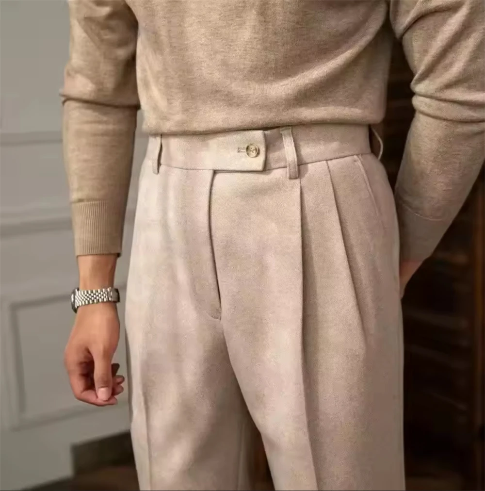 

Мужские повседневные брюки с высокой талией, осенне-зимние, в итальянском винтажном стиле, с узором «ёлочка», теплые, прямые, повседневные