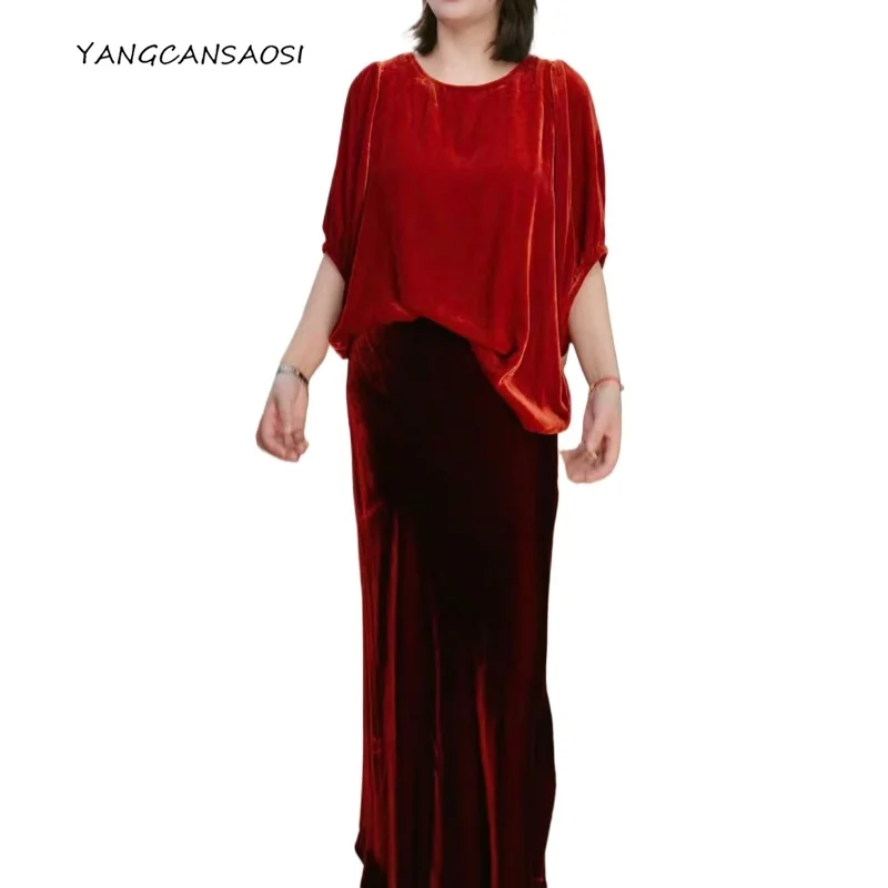 

2025 Women's Autumn New 30% Natural Mulberry Silk Velvet Lantern Half Sleeve Round Neck Versatile Solid Color T-shirt