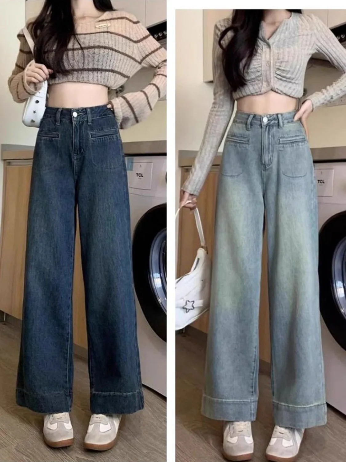 Women High Waist Wide Leg Jeans Cuffed Hem Vintage Denim Pants Available in Dark Indigo & Light Wash