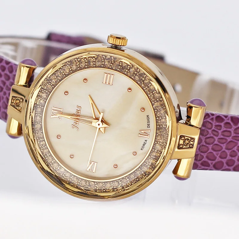 Mother-of-pearl Rhinestones Women's Watch Japan Quartz Hours Fine Fashion Dress Real Leather Bracelet Girl Birthday Gift Box