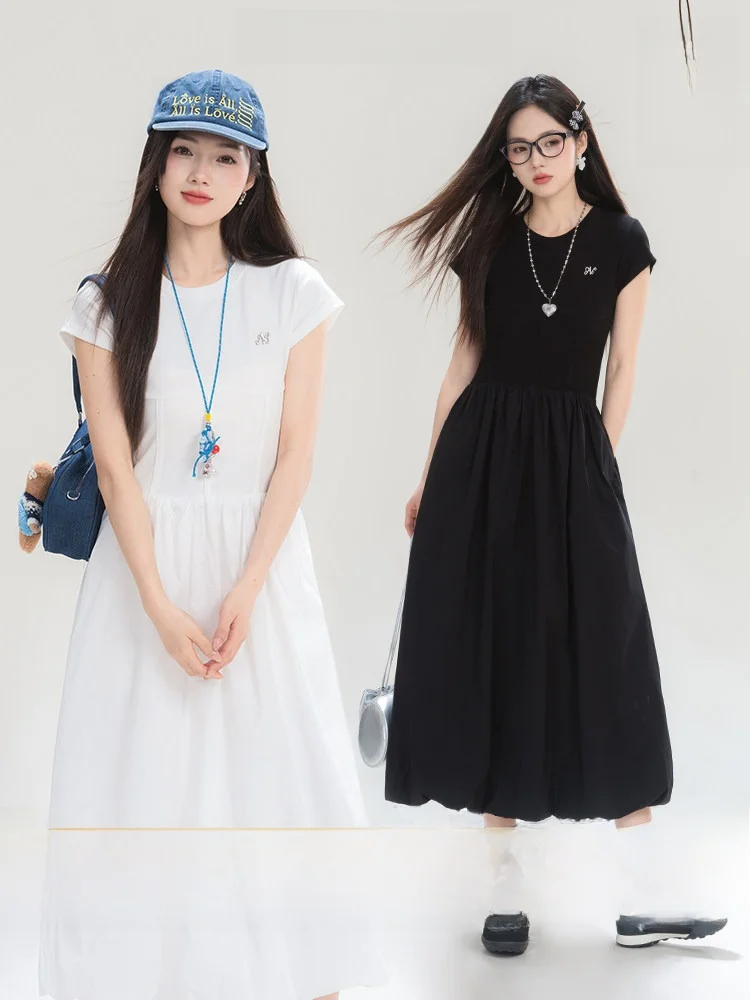 

Loveheynew Bla round Ne ort Sve Dr Women Summer Waist Cinching Slim Splice Flower Bud Long Dr Commute Pure Color