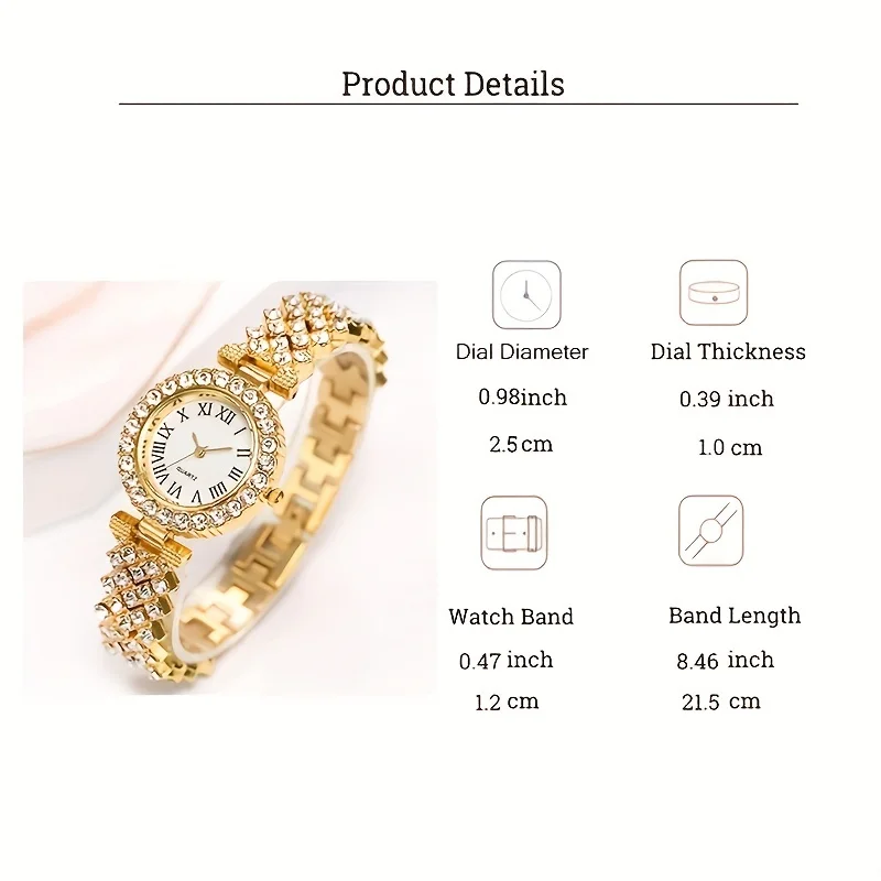 1pc Rhinestone Decor Quartz Watch Elegant Round Pointer Analog Electronic Watch & 5pcs Jewelry Set, Gift For Mom/Girlfriend