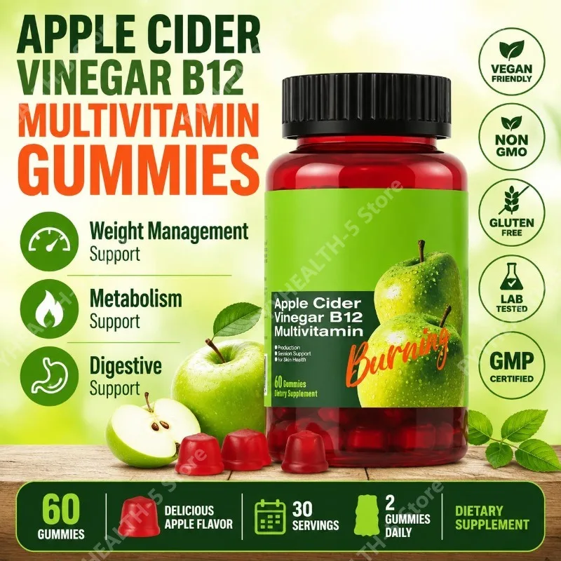 Apple Cider Vinegar B12 Gummies Free Vegan Gluten-Free for Healthy Metabolism & Daily Wellness Support for Men Women 60 Gummies