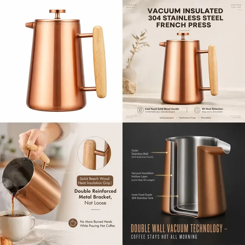Double Wall Vacuum Insulated Rose Gold 304 Stainless Steel French Press Coffee Maker with Handle Cone Shape Coffee Pot