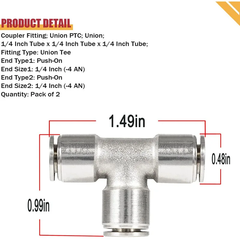 Nony Push to Connect Tube Fitting Union Tee Copper Nickle-Plated 1/4