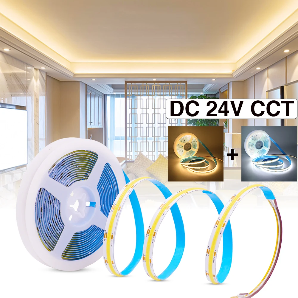 CCT COB LED Strip 608LEDs/M IP21 IP67 Warm White + Cold White Flexible Ribbon Tape Light Lamp FCOB Strip DC 12V 24V