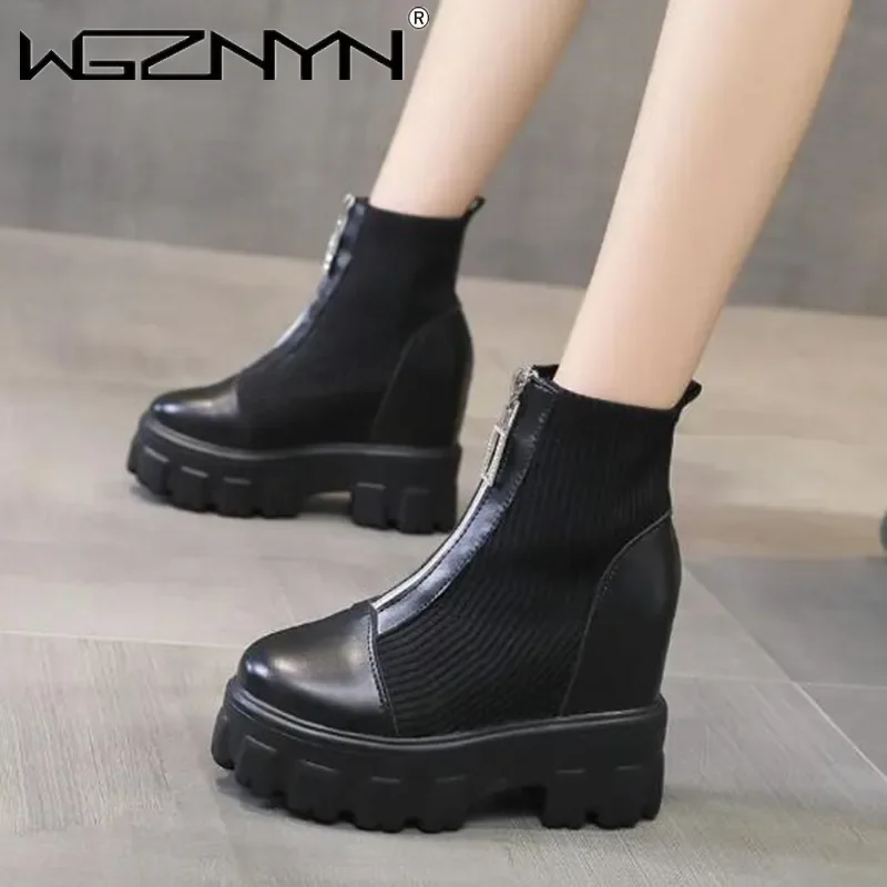 2025 New Winter Ankle Boots Women Quality Platform Sneakers Female Fashion Short Boot Black 11cm High Heel Zip Women Sock Shoes