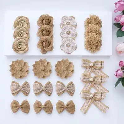 

24pcs Jute Flower Set Burlap Flowers Diy Craft Ornament Vintage Rustic Wedding Party Christmas Decoration Scrapbook Hair