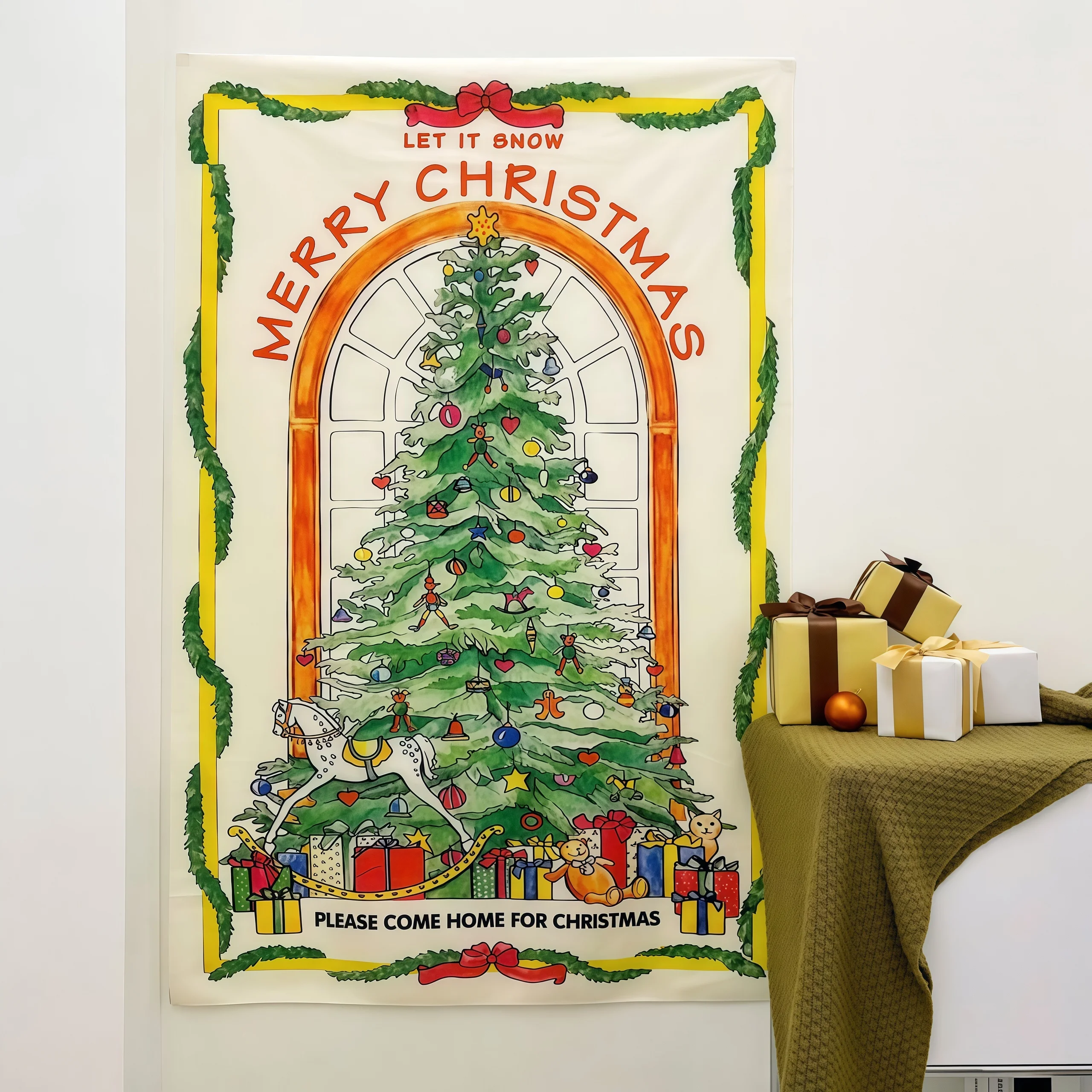 Christmas tree ins hanging cloth Christmas window view bow decoration background cloth photography scene layout