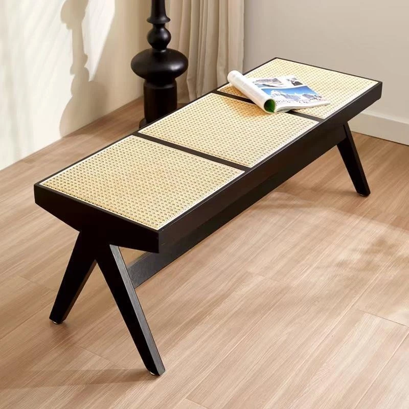 Household solid wood rattan square stool single double triple bench bedroom living room door