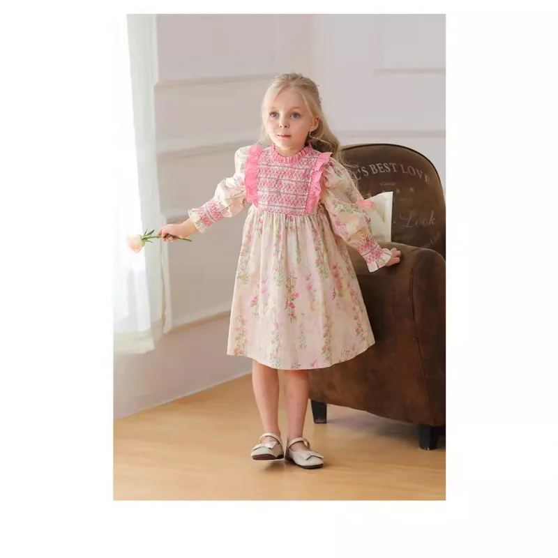 French Floral Stand Collar Smocking Girls Dress2024Autumn New Puff Sleeve Sweet Princess Dress Kids' Skirt