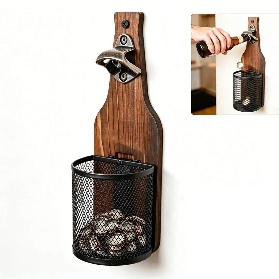 Wall-Mounted Wooden Beer Bottle Opener with Mesh Cap Catcher, Rustic Bottle Opener for Home Bar, Kitchen & Outdoor Use, Ideal Gi