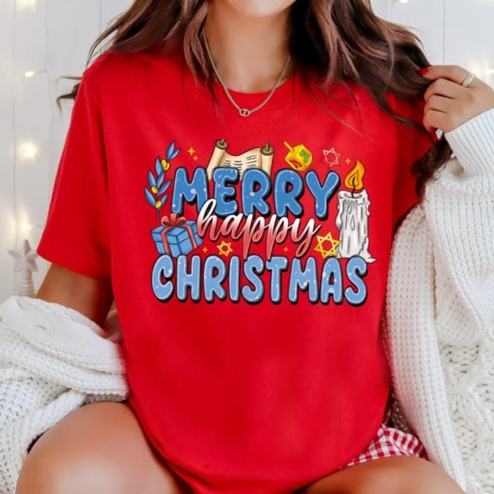 Merry Chrismukkah Shirt Happy Hanukkah T-Shirt Jewish Holiday Unisex Tee Menorah Candle Tshirt Holiday Men Women Casual Clothing