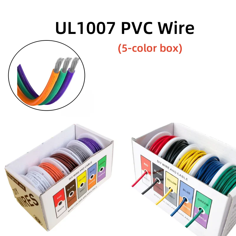 Boxed UL1007 Wire PVC Insulated Tinned Copper Cable 5 Colors Kit 30/28/26/24/22/20/18/16 AWG Stranded Electrical Line PCB Wire