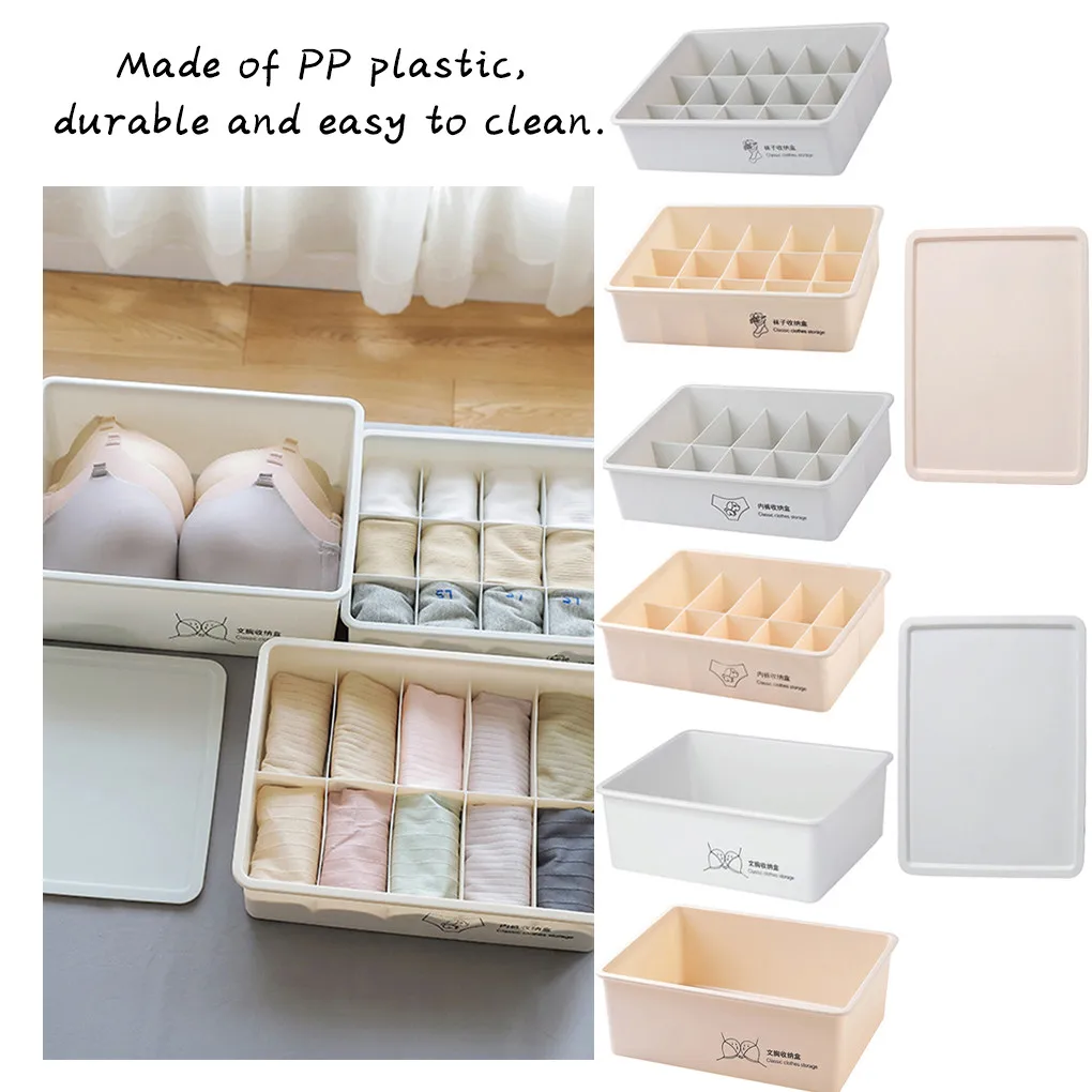 Underwear Storage Box Plastic Socks Drawer Grids Bra Organizer for Home Dormitory, 15 Grids, Beige