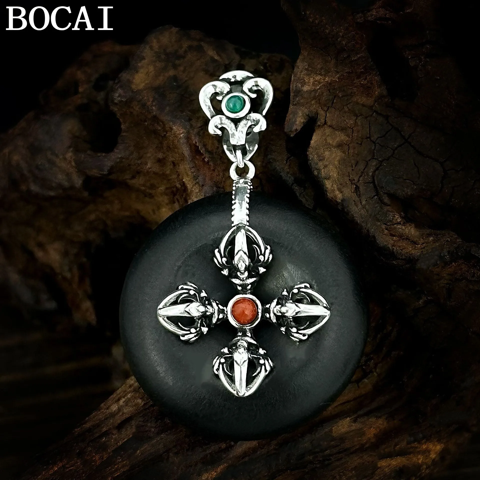 BOCAI New S925 Sterling Silver Jewelry Vintage Chinese Style Ebony Wood Diamond Pestle Safety Buckle Pendant Selected Gifts