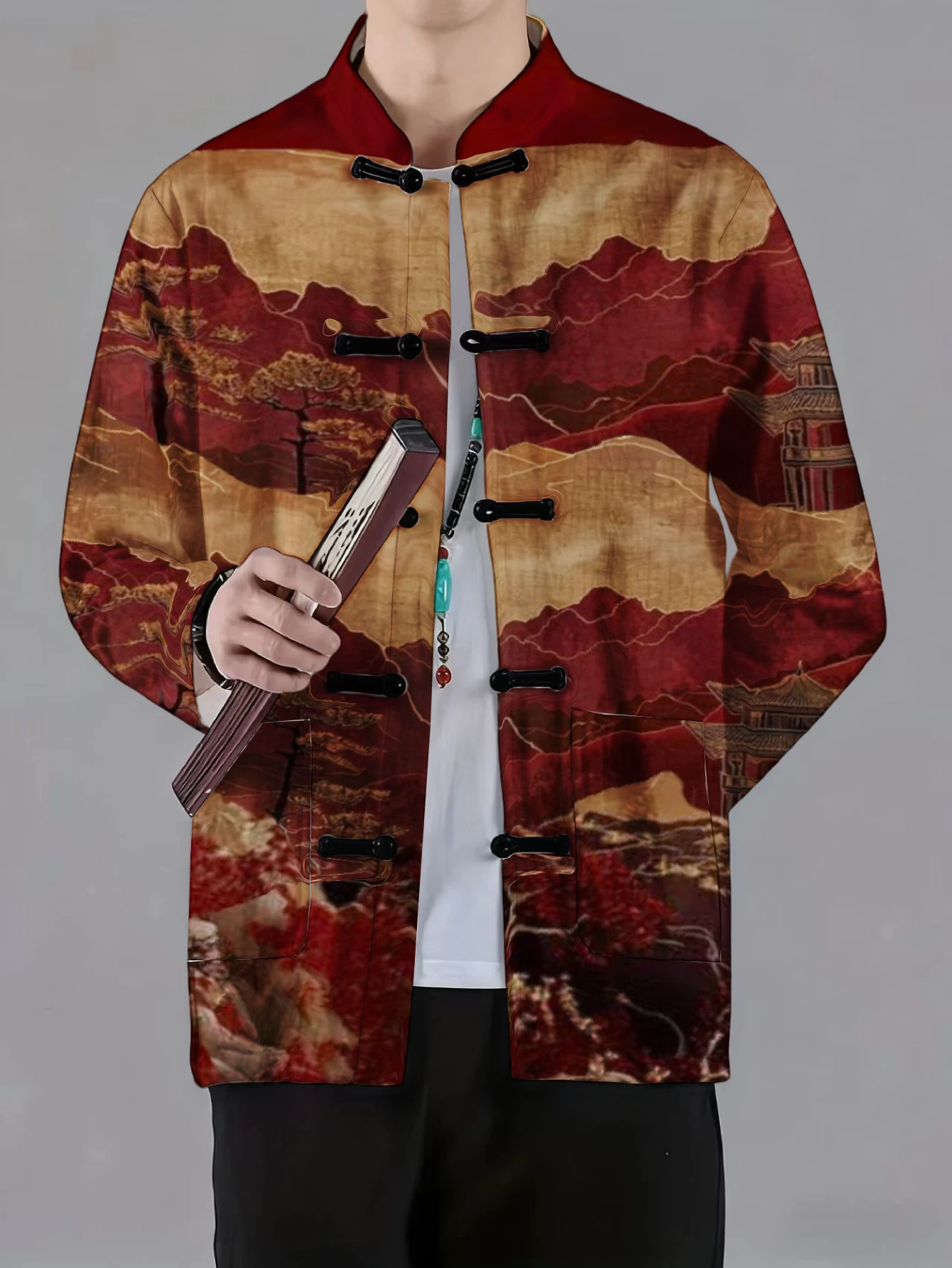 Men Mandarin Collar Frog Button Jacket Koi Mountain Landscape Fish Garden Art Print Traditional Outerwear