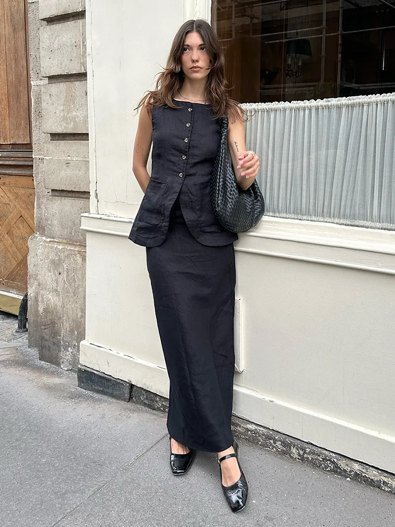 DGLUKE エレガントなツーピースセット レディース ボタンアップベストトップとロングスカートセット コットンリネン サマーコーデセット