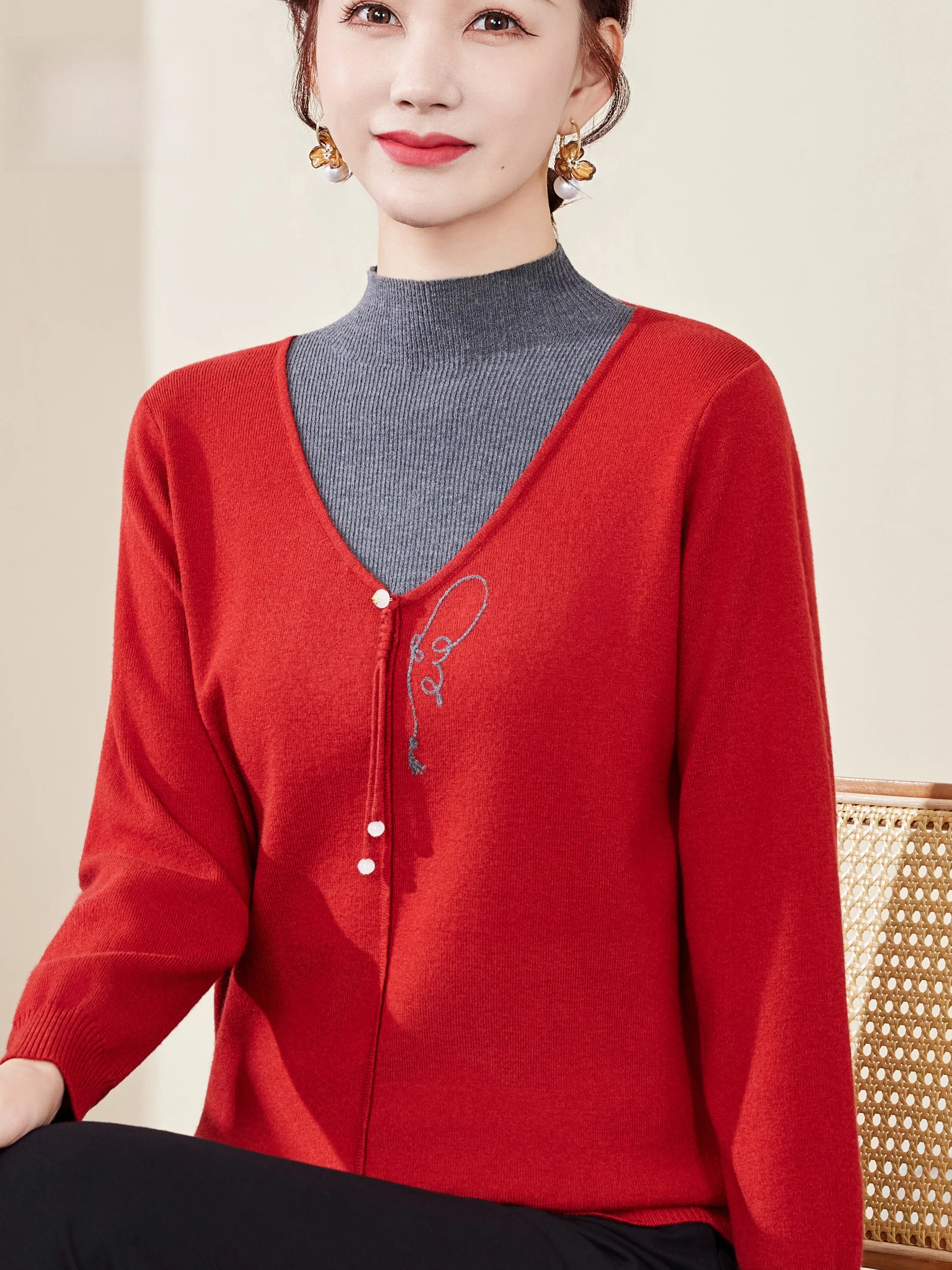 

Вязаный свитер Sli Mom V-Ne, шерстяной базовый слой, верхний цвет, дизайн Blo, модное приложение, свободная повседневная одежда