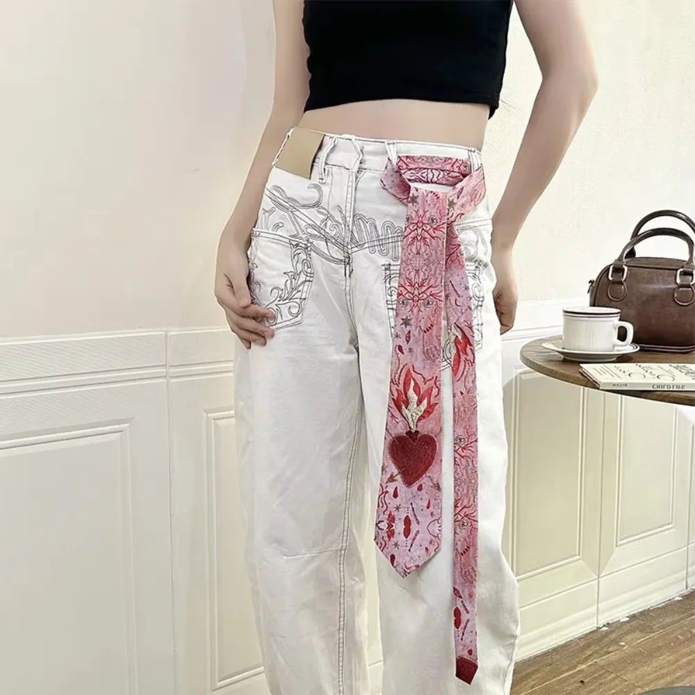 Vintage Heart Flame Tie Gradient Pink Y2K Romantic Neck Scarf Lightweight Embroidery Pattern Women's Neck Tie Fashion Accessory