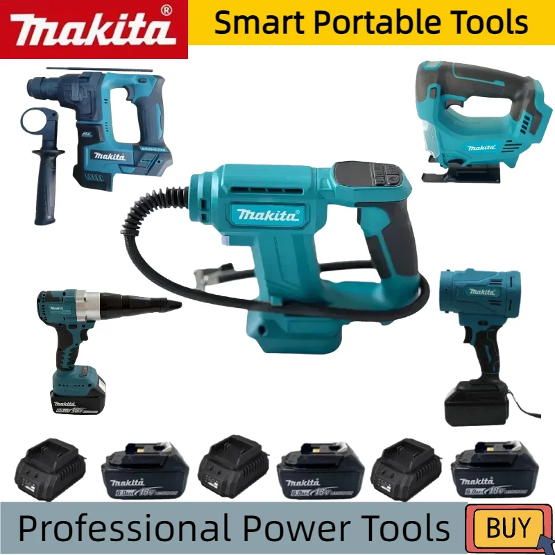 

Набор аккумуляторных инструментов Makita 18В: Аккумуляторный перфоратор, Заклепочник, Мини-угловая шлифмашина 12В, Аккумуляторная пила, Воздушный компрессор