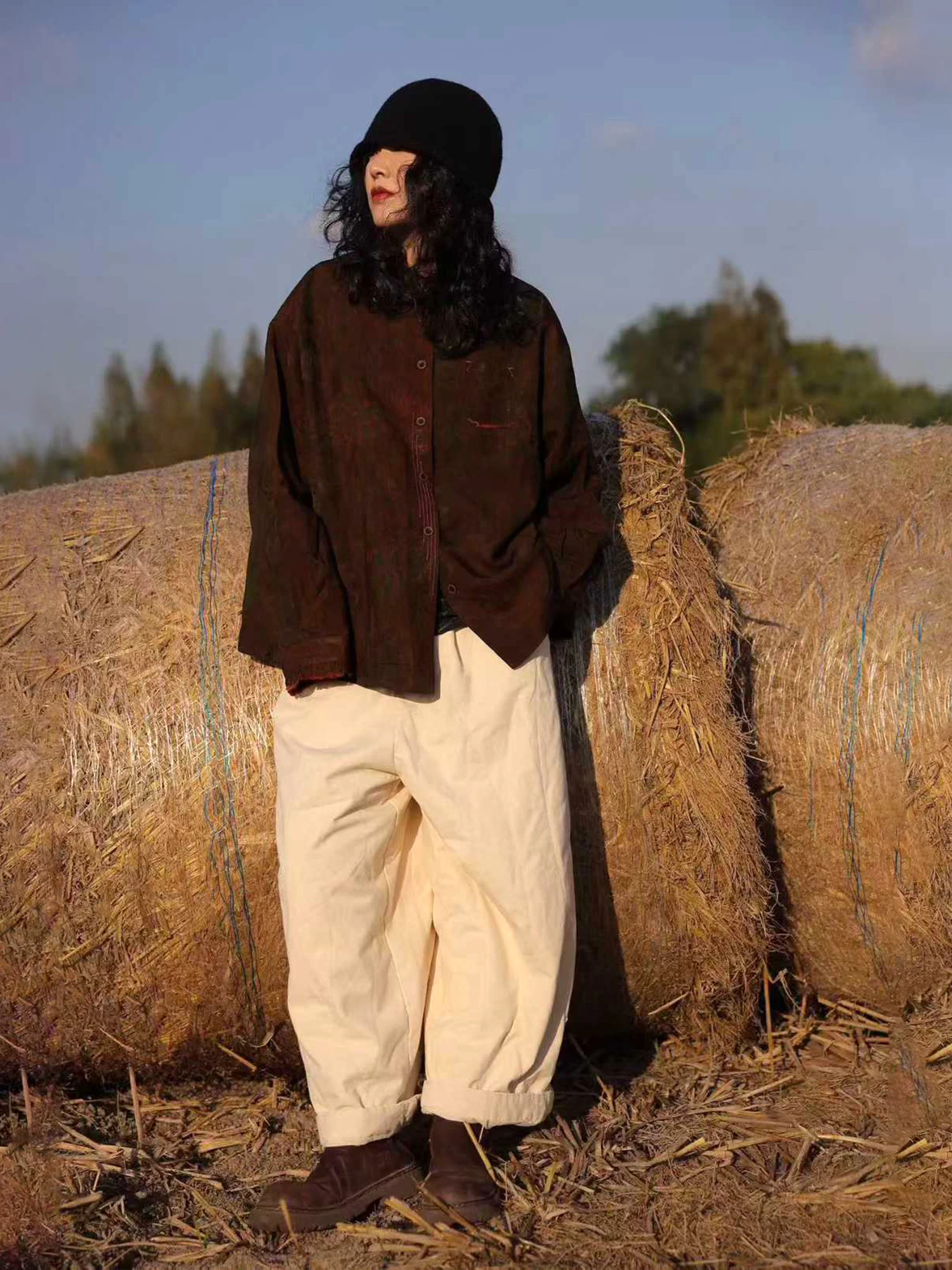 

Silk Vintage Floral Embroidery irt Coat Turn-down Collar Outerwear Koran Wood Brand Loose Fit Long Sve Women's Cardigan