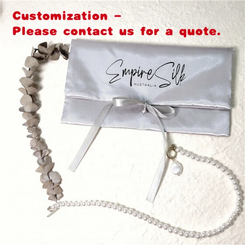 custom.Custom Silver Black Silk Satin Envelope Flap Jewelry Pouch Satin Silk Dust Bags With Ribbon Tie