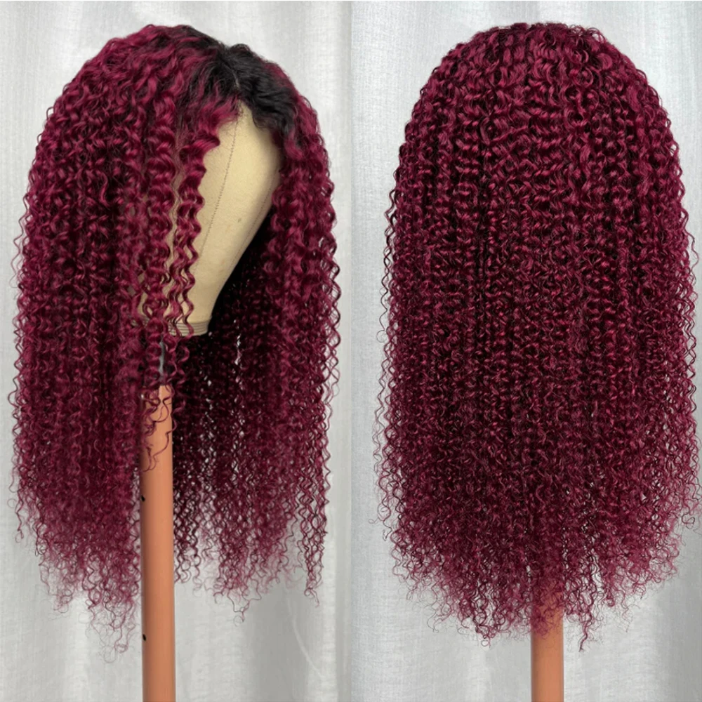 180% Density 1B99j Kinky Curly 13x4 Transparent Lace Frontal Human Hair Wigs For Women Ombre Color Burgundy Indian Remy Hair