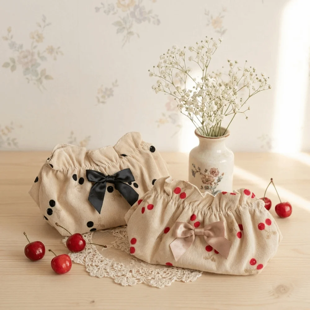 

Cherry Embroidery Corduroy Cosmetic Pouch Dumpling Shape Large Capacity Makeup Bag Lightweight Reusable Toiletry Organizer