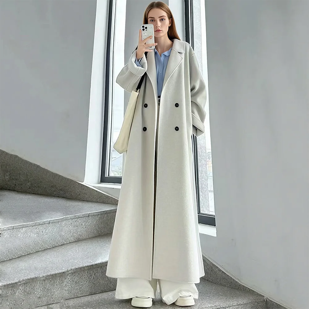 New Women Autumn Winter Double-Faced Wool Coat Fashion Suit Collar Double Breasted Loose Woolen Coat Casual Daily Overcoat
