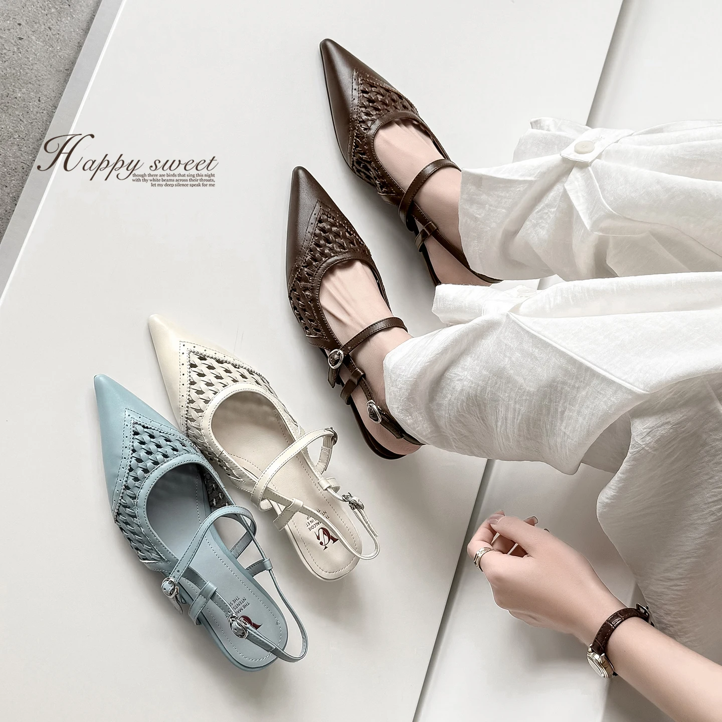2026 new summer women sandals natural leather 22-25cm cowhide+weave+sheepskin pointed toe wedges buckle women shoes fashion