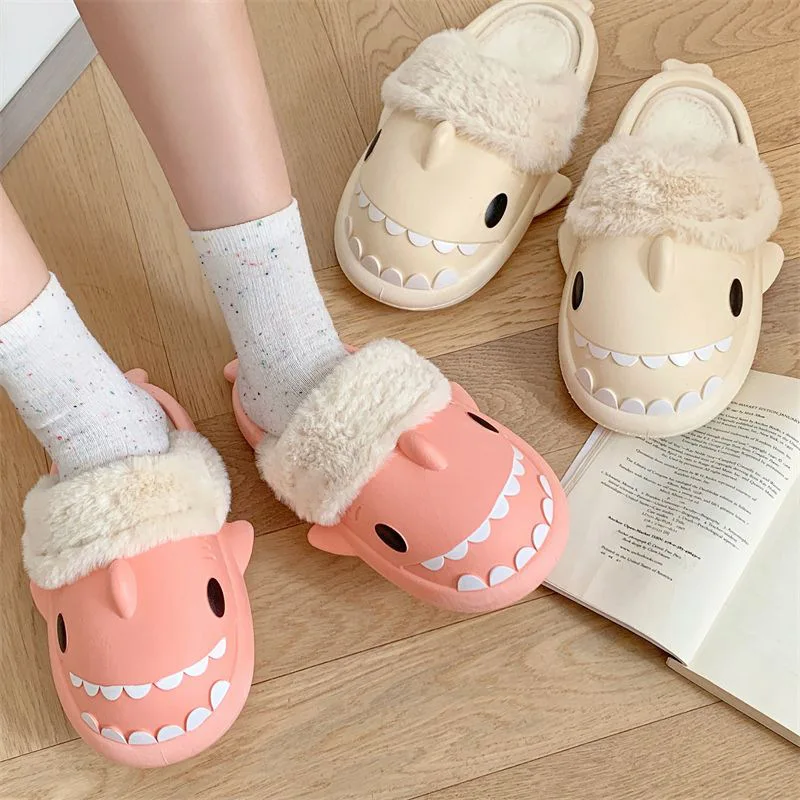 Winter Fashion Buttons Shark Slippers Men Cool Warm EVA Slides Couple Home Cotton Non-slip Flat Sandals Adults Soft Flip Flops