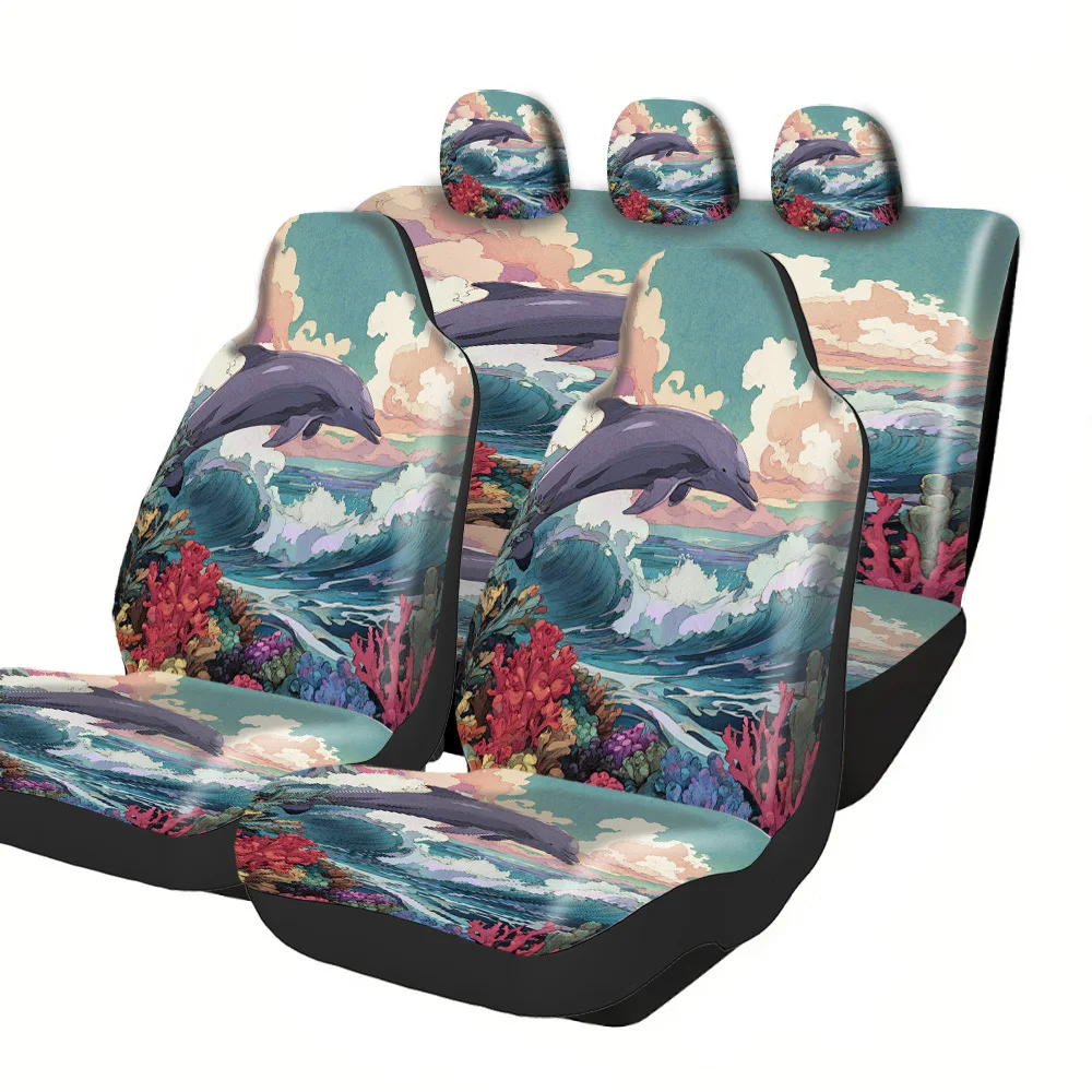 

Комплект чехлов для автомобильных сидений на 2-5 мест - яркий узор с дельфинами и коралловыми рифами, премиальный полиэстер, быстрая установка, защита, подходит для