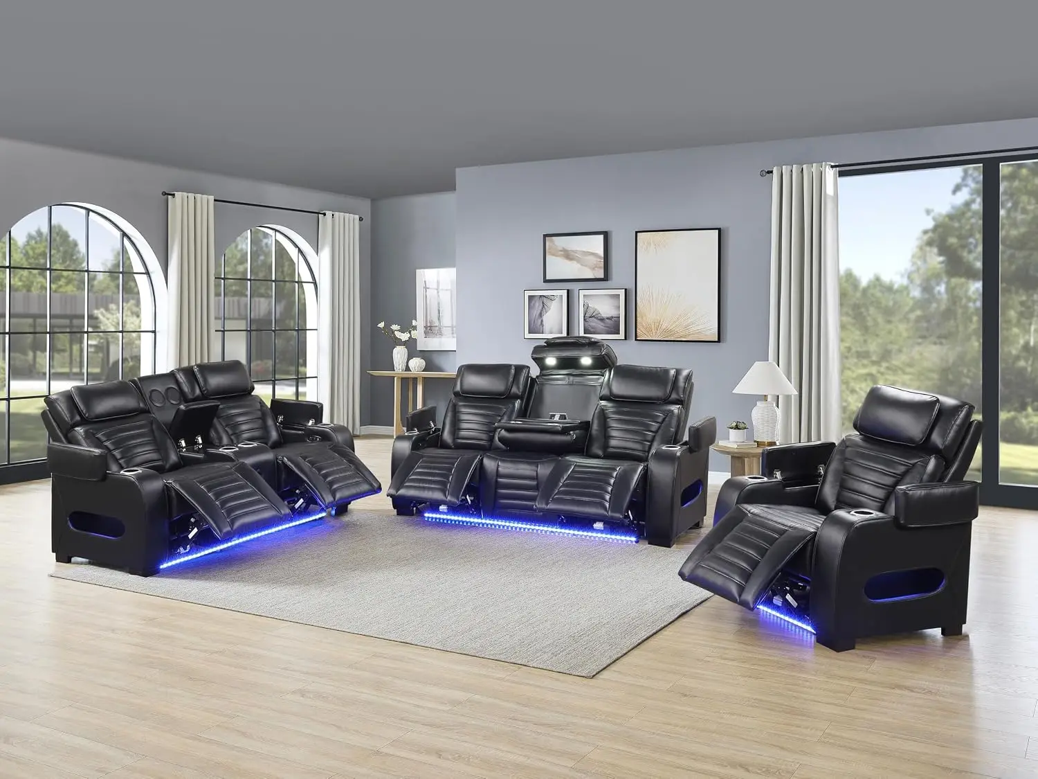Black Leather Power Recliner Sofa Loveseat with Arm Storage & Power Headrest, Bluetooth Speaker for Living Room, Customized
