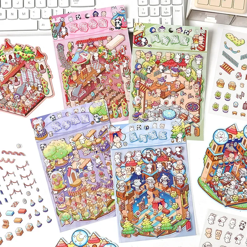 Cute Cartoon Animal Rainbow Castle Landscape Sticker - Children's DIY Miniature Scene Craft Painting Desktop Decompress Games