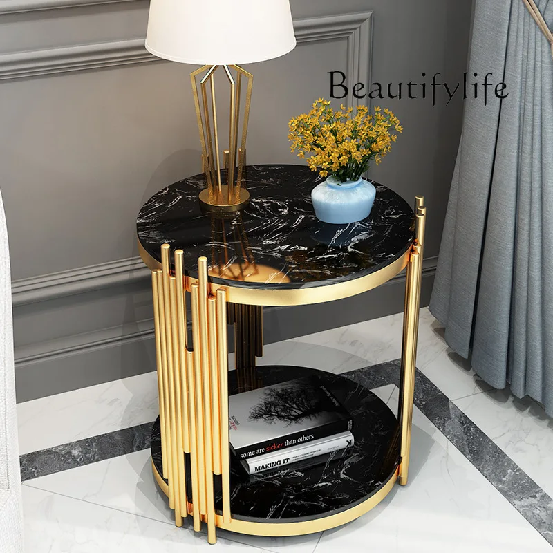 Nordic creative wrought iron marble edge table double round small coffee table