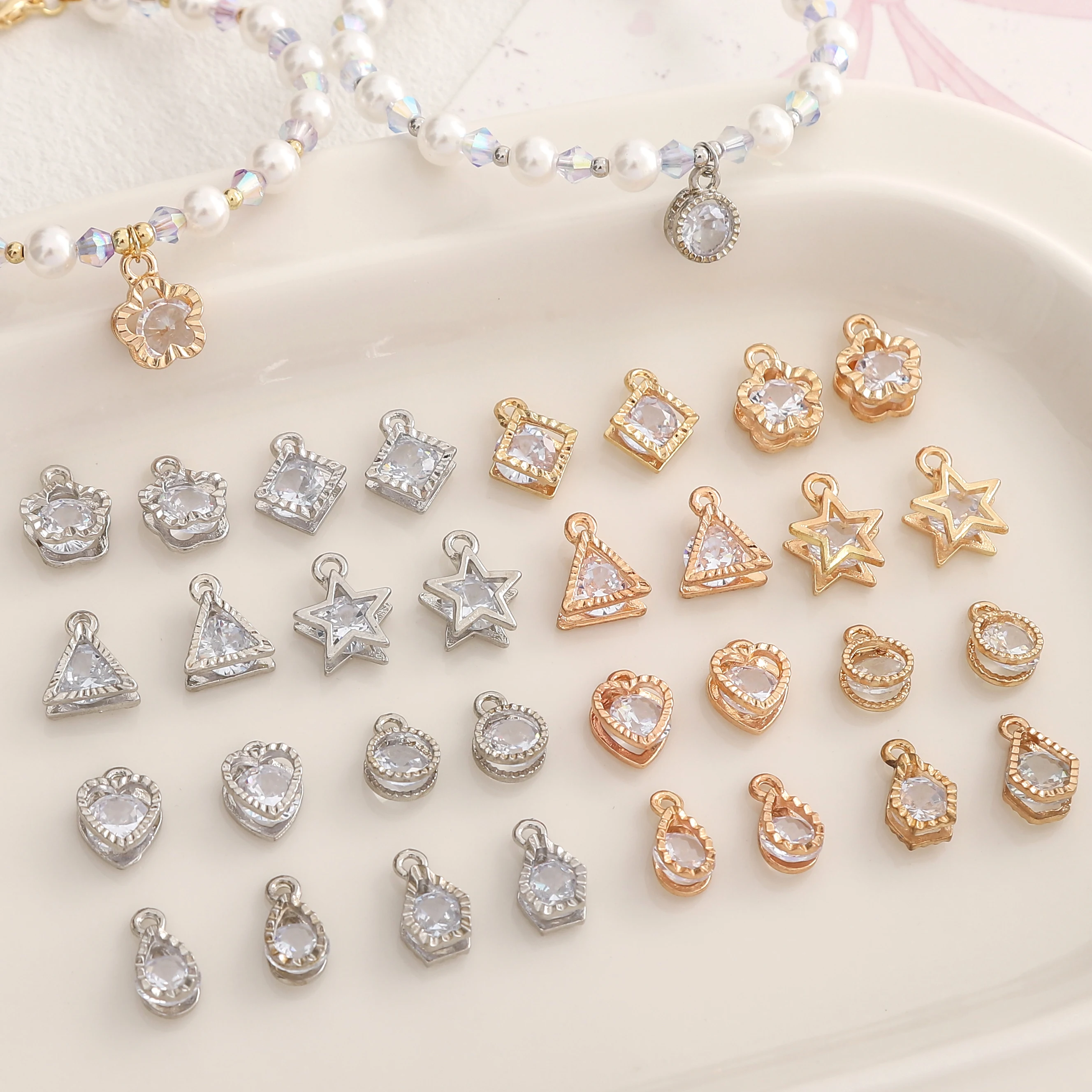 5Pcs Alloy Inlaid Ziron Charms Star Heart Droplet Shape Unique Pendant DIY Handmade Necklace Earrings Jewelry Making Accessories