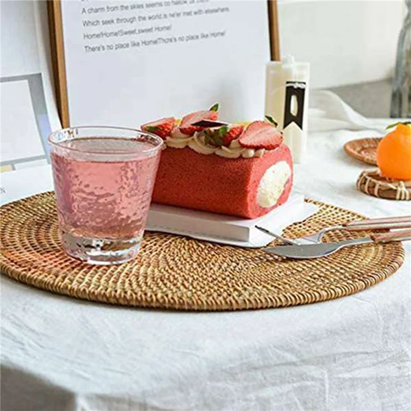 

ABFS 6X Handwoven Rattan Placemats,Round Wicker Table Mats, Natural Woven Placemats For Dinner Table,Heat Resistant Mats