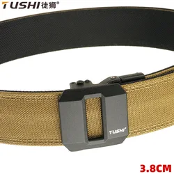 TUSHI Brand Hard Tactical Gun Belt Mens Metal Automatic Buckle Thick Nylon 3.8CM Wide Casual Sports IPSC Girdle Male