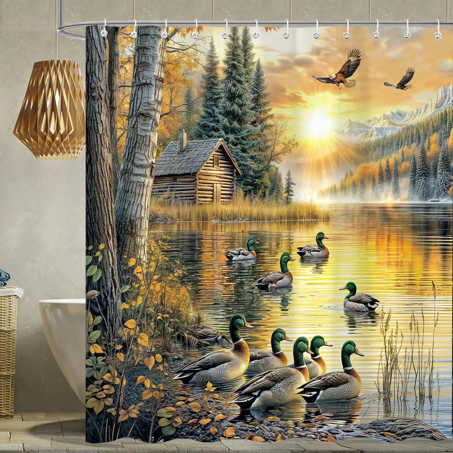 Rustic Cabin Shower Curtain, Retro Country Farmhouse Duck Natural Forest Lake Scenery Bath Curtain for Bathroom, Woodland Anmial