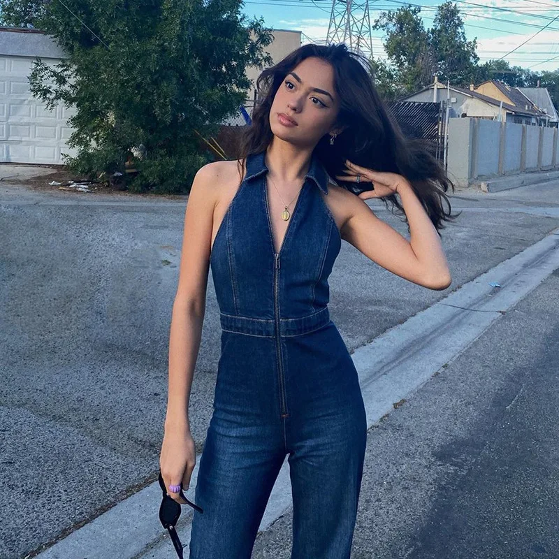 Women's sexy denim jumpsuit sleeveless V-collar slender zipper lapel tight denim jumpsuit sexy chic Y2K overalls wide-leg jeans