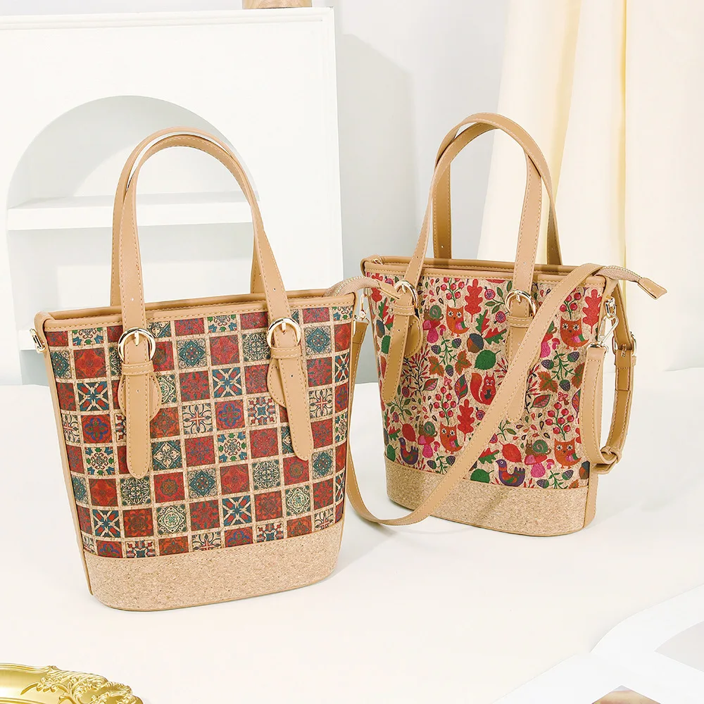 

3pcsCrossbody Bags Retro Cork Leather Owl Animal Printing Plain Large Capacity Bucket Shoulder Bag