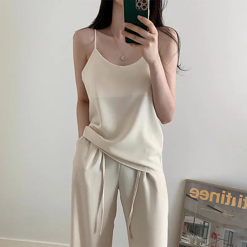 

Fashion Women's Two Piece Set Satin Drape Suspender Tops Summer Tie Up High Waist Casual Wide Leg Pants Suits Outfits Z1920