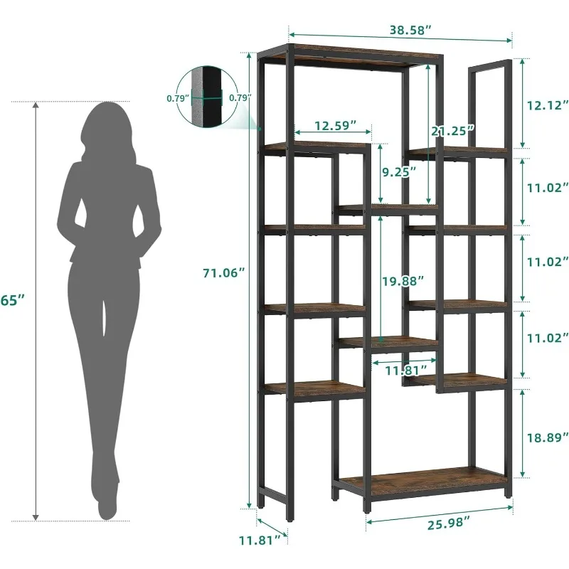 YITAHOME Industrial Bookshelf 71 inch tall bookcase with large bookshelf with 12 open bookshelves, rustic brown