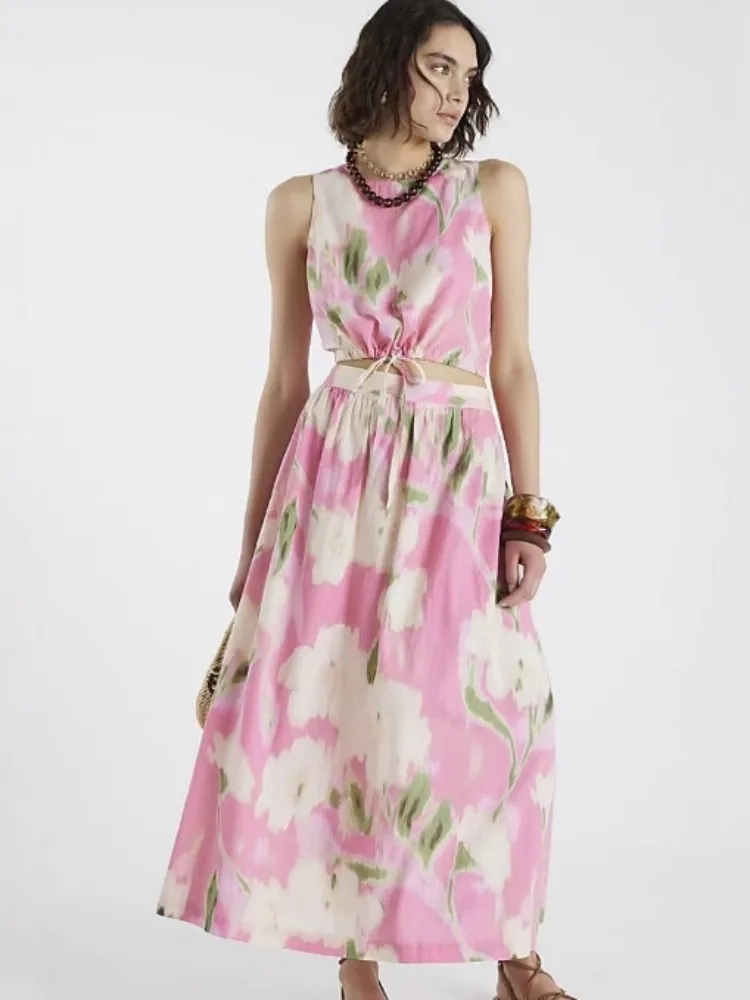 

2025 Women Sexy Sleeveless O Neck Print Floral Pink Dress Birthday Party Costume Bar Nightclub Stage Performance Clothing